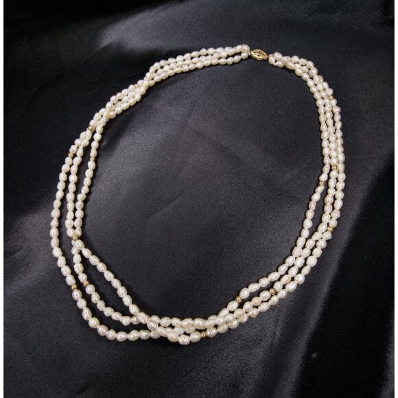 Vintage 14k Gold Clasp 3-Strand Freshwater Pearl Necklace - Picture 1 of 5
